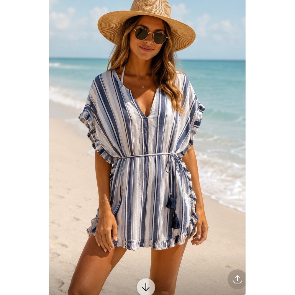 J.Crew Beachwear Blue White Striped Linen Blend Ruffle Swim Cover Up Large